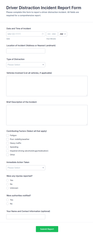 Driver Distraction Incident Report Form Template