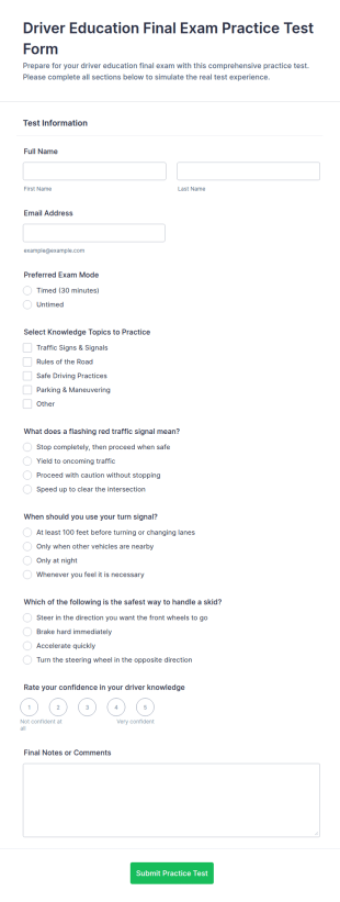 Driver Education Final Exam Practice Test Form Template
