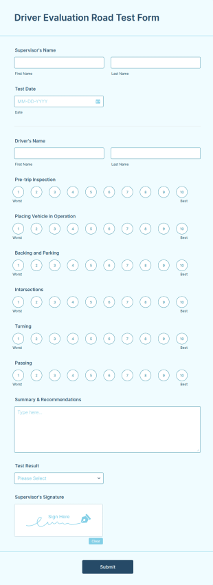 Driver Evaluation Road Test Form Template