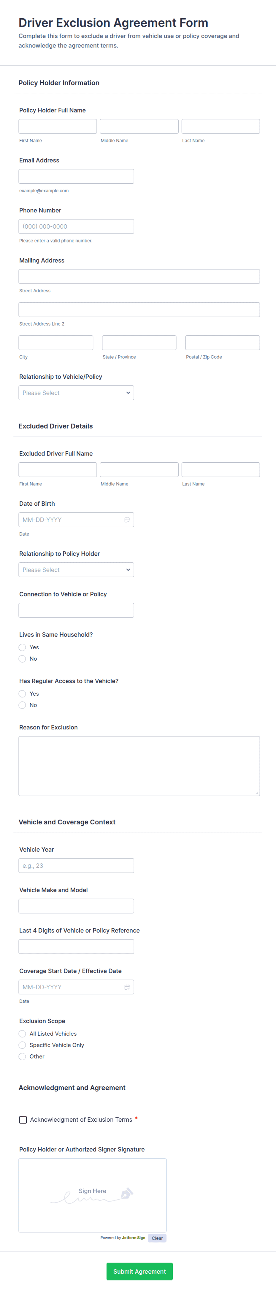 Driver Exclusion Agreement Form Template | Jotform