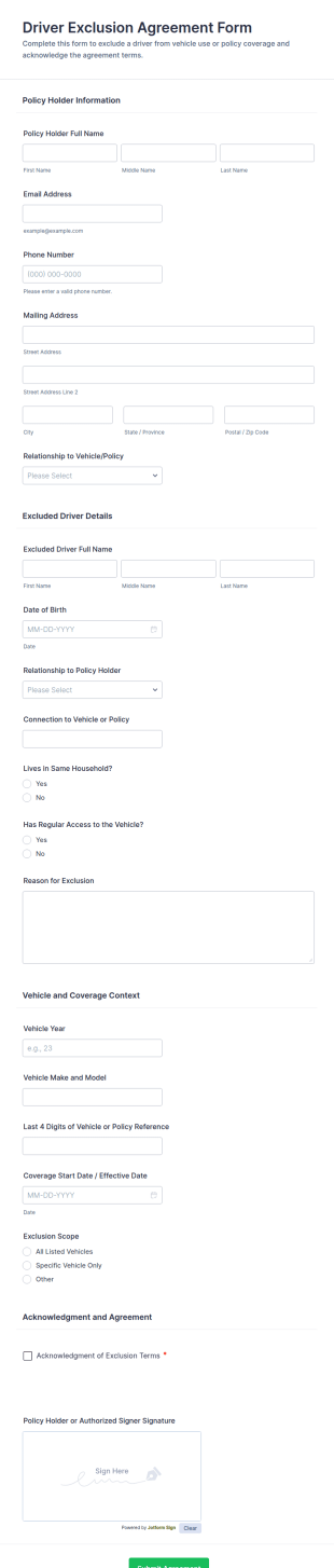 Driver Exclusion Agreement Form Template