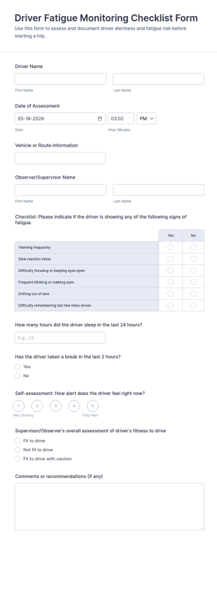 Driver Fatigue Monitoring Checklist Form Template