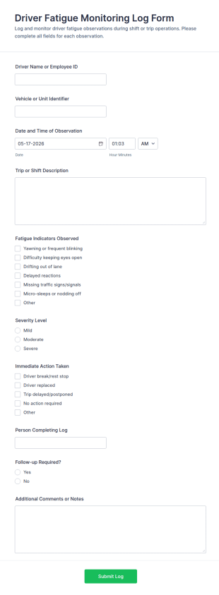 Driver Fatigue Monitoring Log Form Template