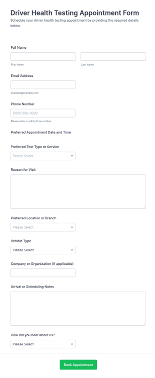 Driver Health Testing Appointment Form Template