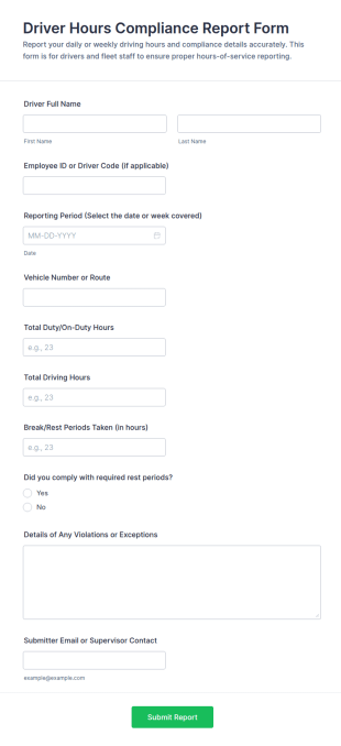 Driver Hours Compliance Report Form Template