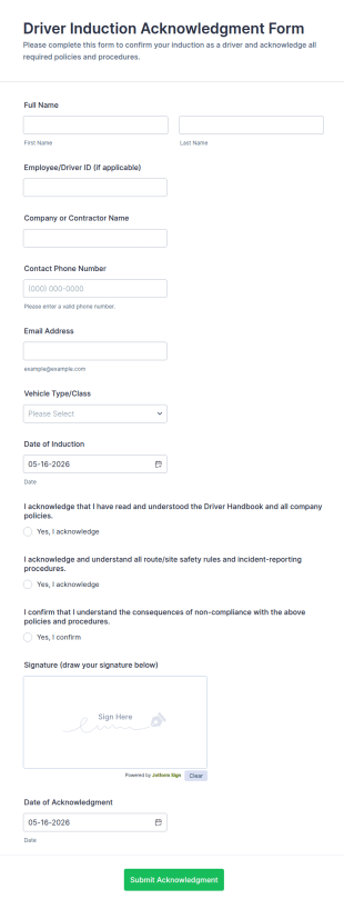 Driver Induction Acknowledgment Form Template
