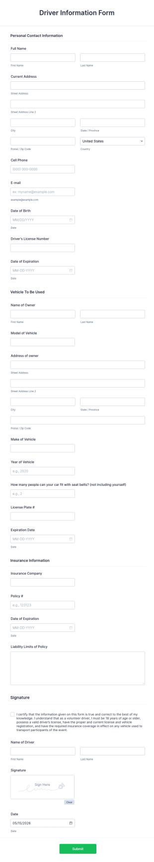 Driver Information Form Template