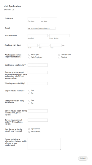 Driver Job Application Form Template