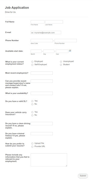 Driver Job Application Form Template