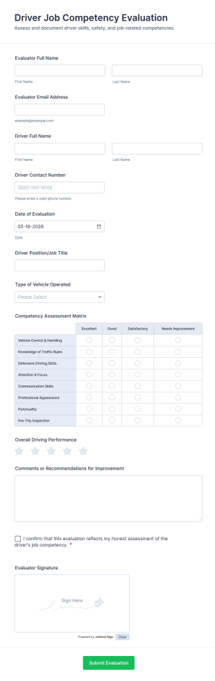 Driver Job Competency Evaluation Form Template