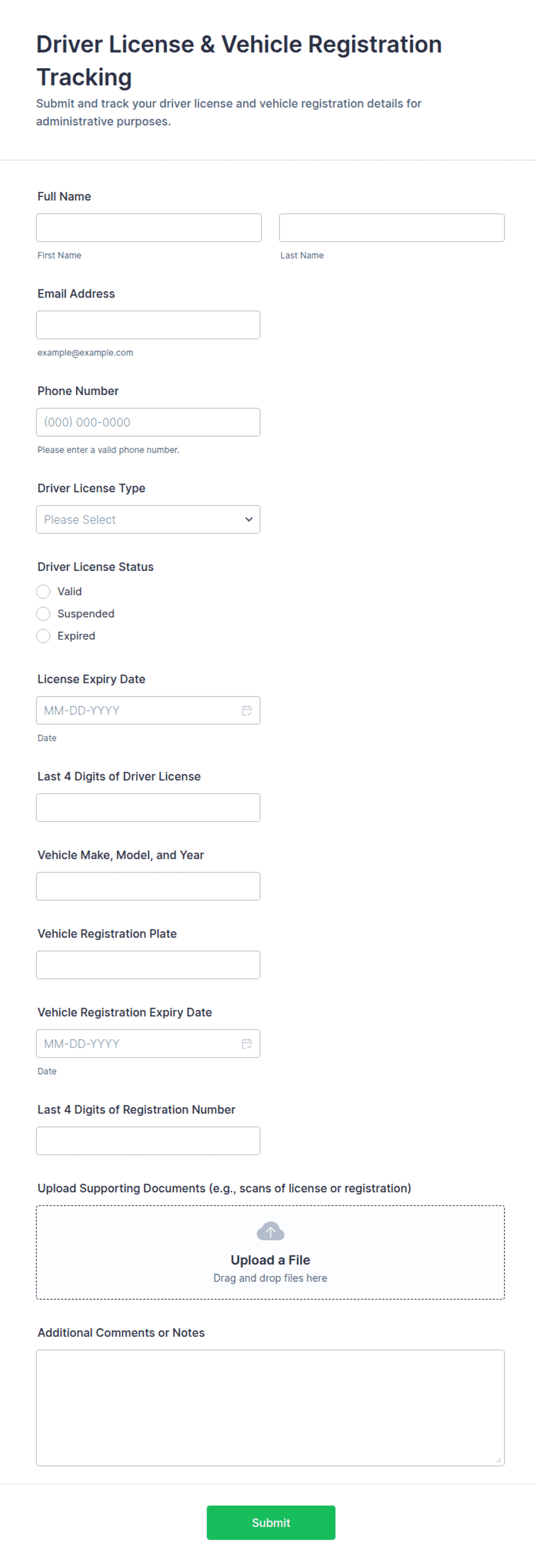 Driver License & Vehicle Registration Tracking Form Template | Jotform