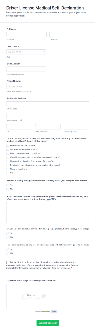 Driver License Medical Self Declaration Form Template