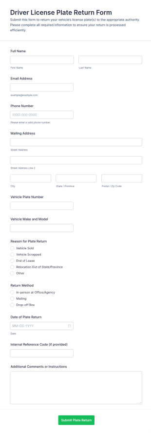 Driver License Plate Return Form Template