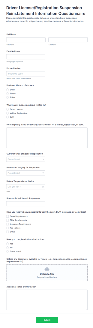 Driver License/Registration Suspension Reinstatement Information Questionnaire Form Template