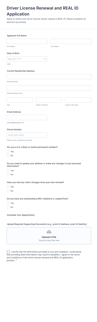 Driver License Renewal And REAL ID Application Form Template