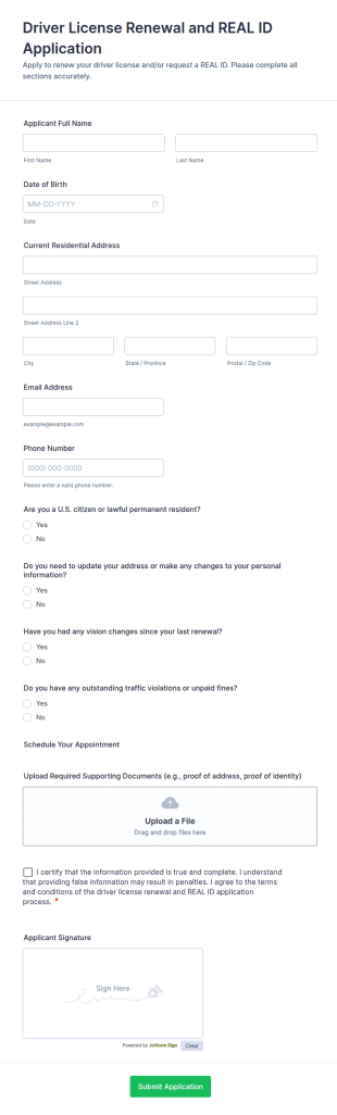 Driver License Renewal And REAL ID Application Form Template