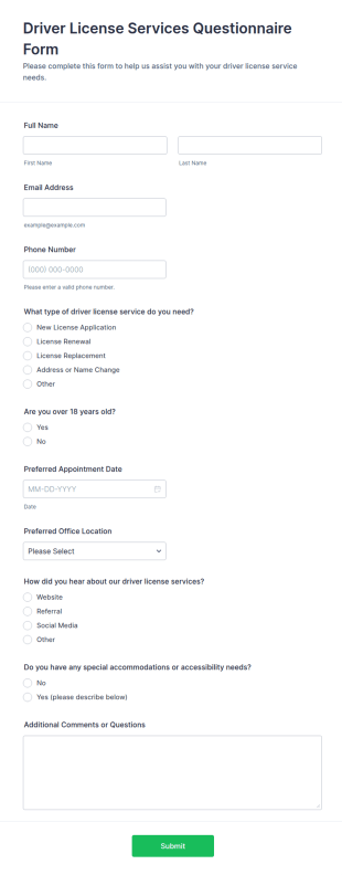 Driver License Services Questionnaire Form Template