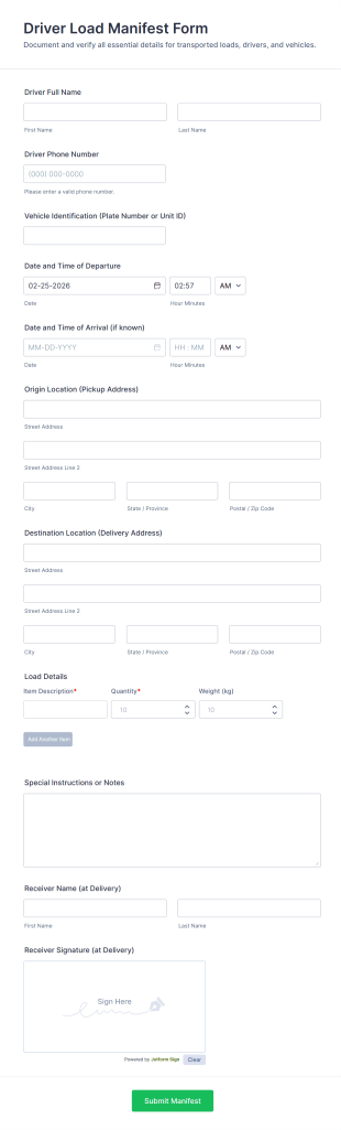 Driver Load Manifest Form Template