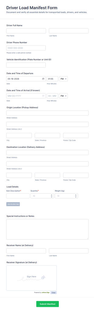 Driver Load Manifest Form Template