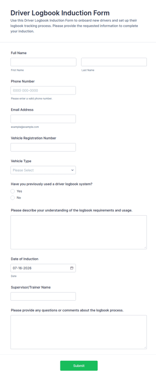 Driver Logbook Induction Form Template