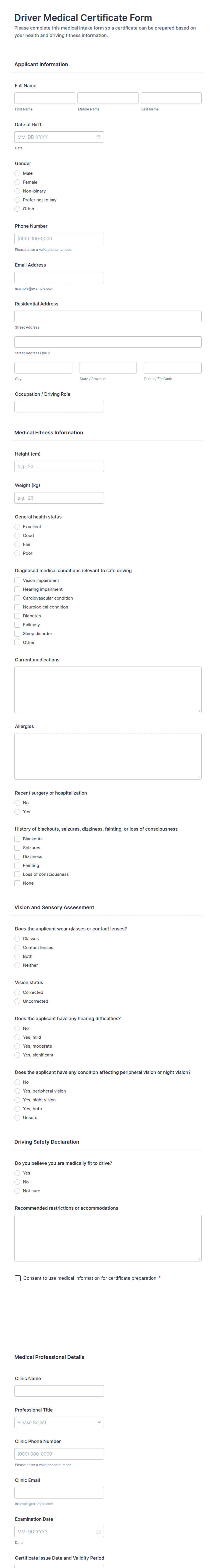 Driver Medical Certificate Form Template | Jotform