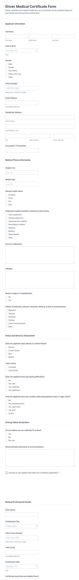 Driver Medical Certificate Form Template