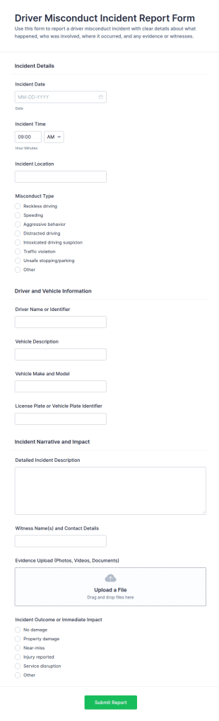 Driver Misconduct Incident Report Form Template