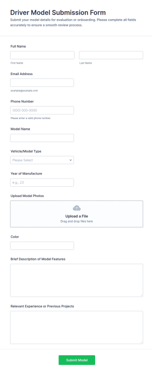 Driver Model Submission Form Template