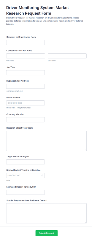 Driver Monitoring System Market Research Request Form Template