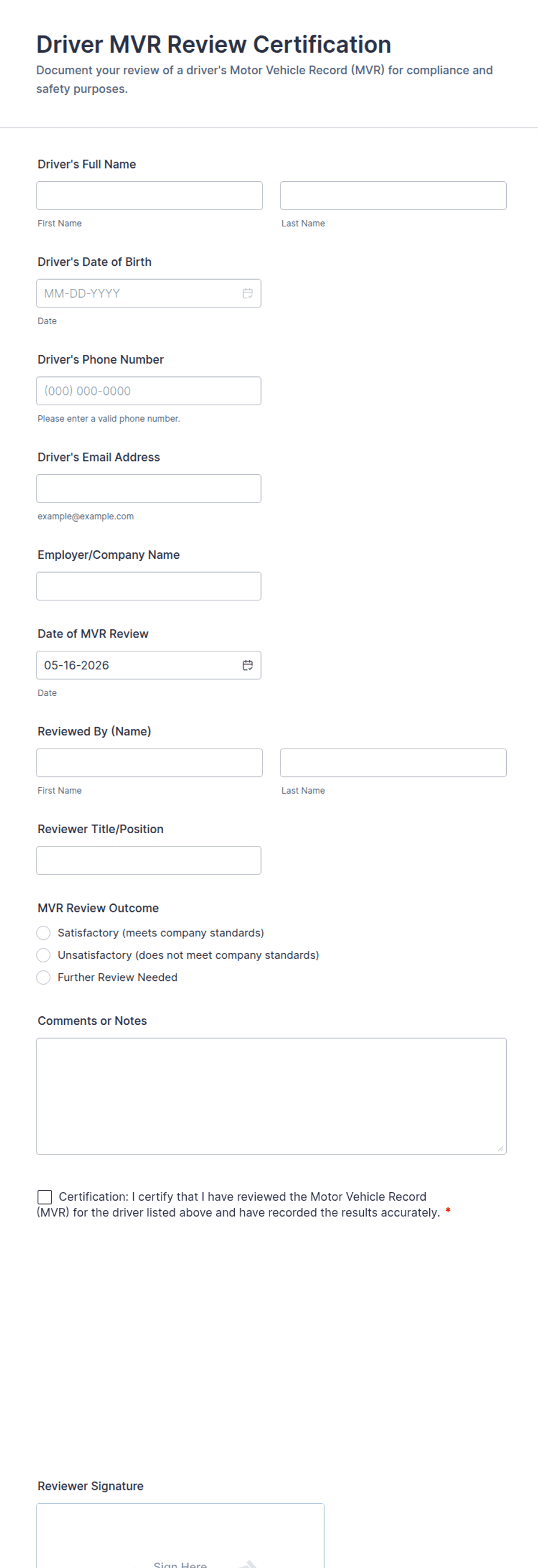 Mvr Report Example Driver MVR Review Certification Form Template | Jotform