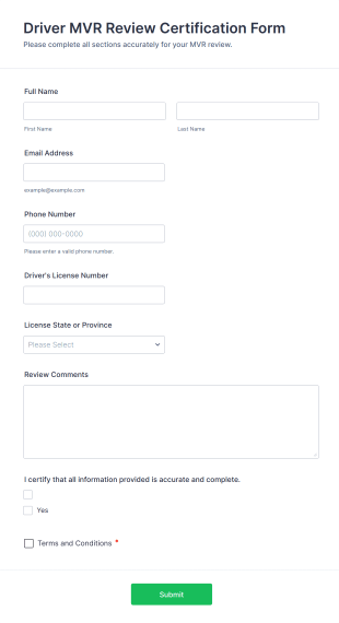Driver MVR Review Certification Form Template