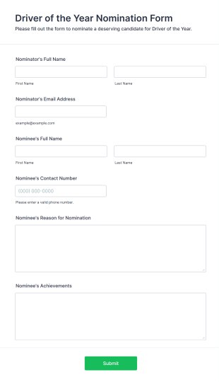 Driver Of The Year Nomination Form Form Template