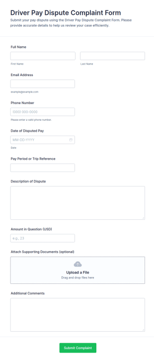 Driver Pay Dispute Complaint Form Template