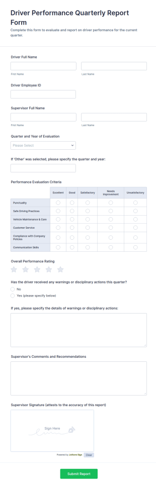 Driver Performance Quarterly Report Form Template