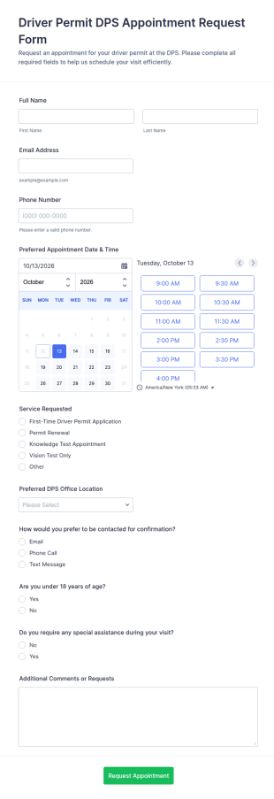 Driver Permit DPS Appointment Request Form Template