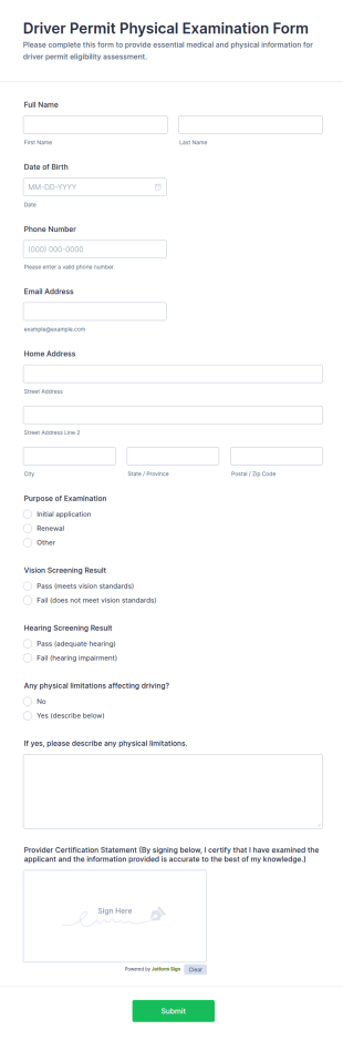 Driver Permit Physical Examination Form Template