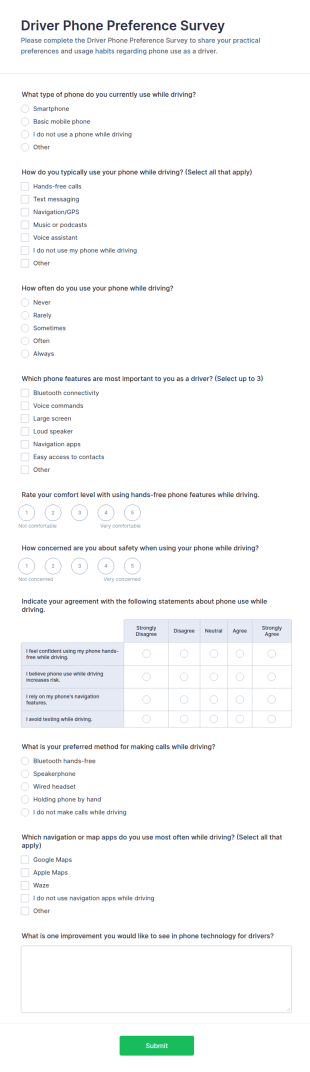 Driver Phone Preference Survey Form Template