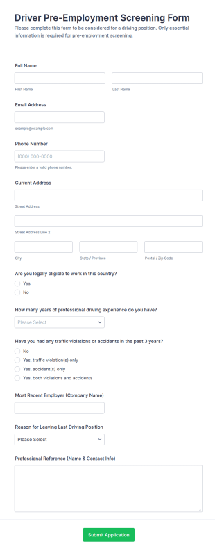 Driver Pre Employment Screening Form Template