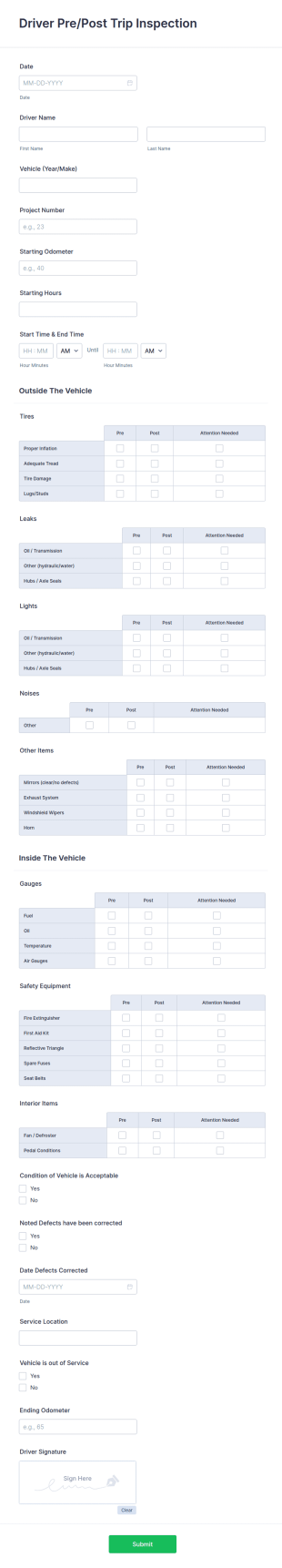 Driver PrePost Trip Inspection Form Template