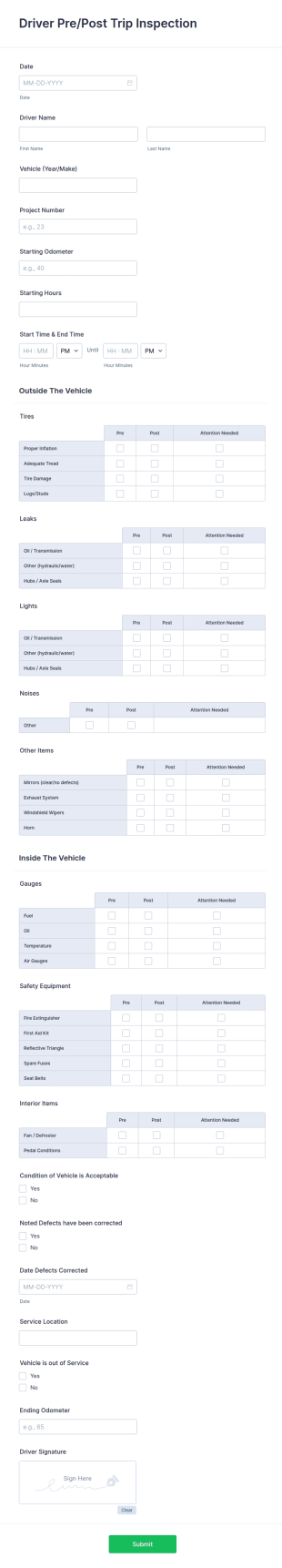 Driver PrePost Trip Inspection Form Template