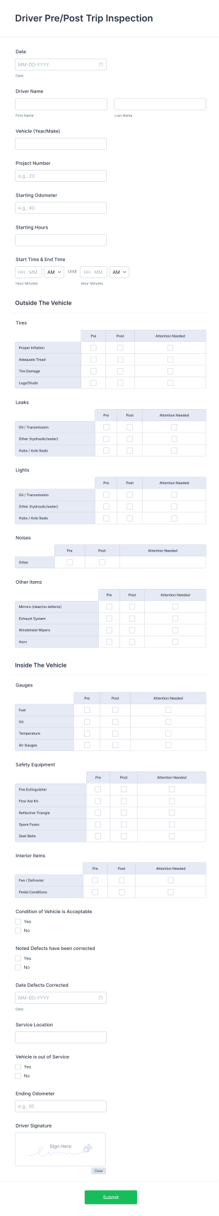 Driver PrePost Trip Inspection Form Template