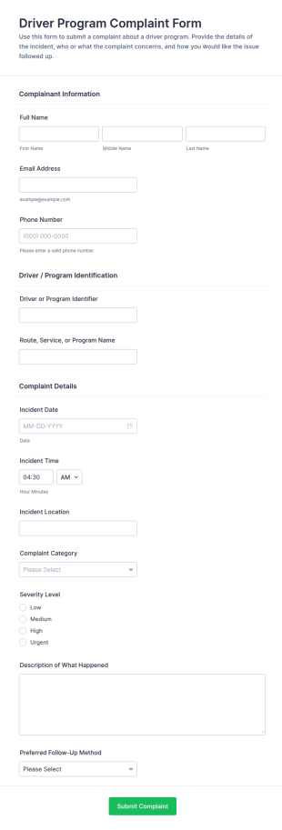 Driver Program Complaint Form Template