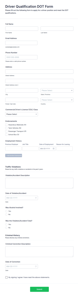 Driver Qualification DOT Form Template