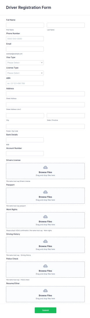 Driver Registration Form Template