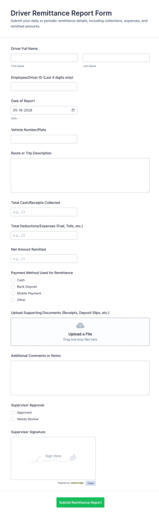 Driver Remittance Report Form Template