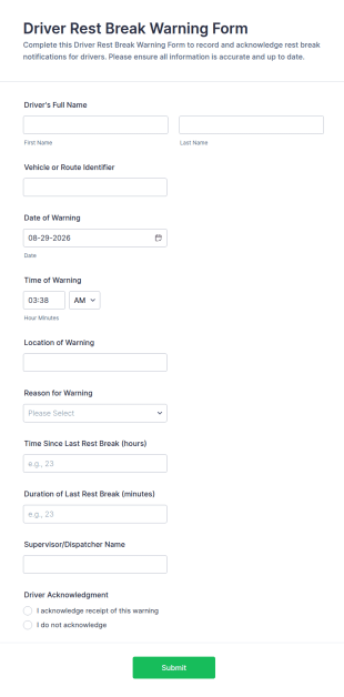 Driver Rest Break Warning Form Template