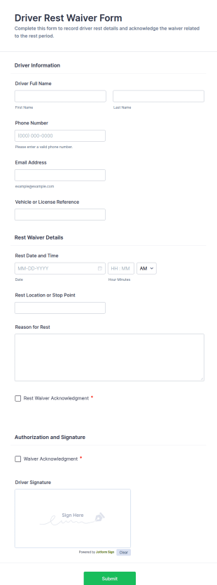 Driver Rest Waiver Form Template