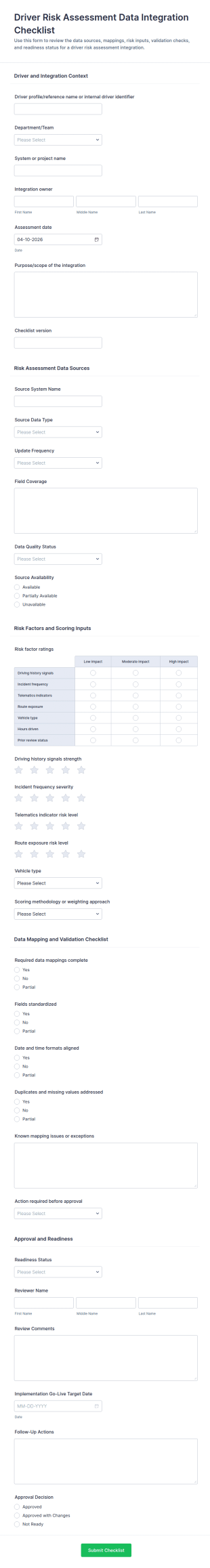 Driver Risk Assessment Data Integration Checklist Form Template