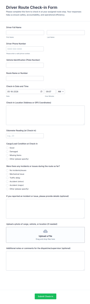 Driver Route Check In Form Template