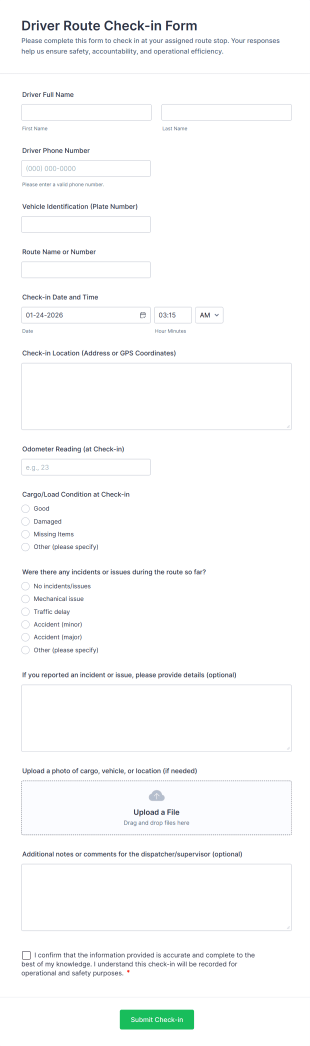 Driver Route Check In Form Template